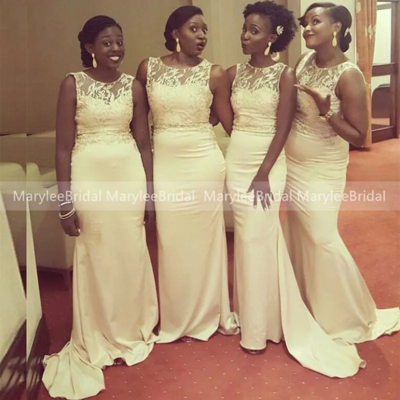 Champagne Mermaid Bridesmaid Dresses Sheer O-Neck Lace Top Sleeveless Robe De Soire Maid Of Honor Party Dress For Africa Women
Champagne Mermaid Bridesmaid Dresses Sheer O-Neck Lace Top Sleeveless Robe De Soire Maid Of Honor Party Dress For Africa Women