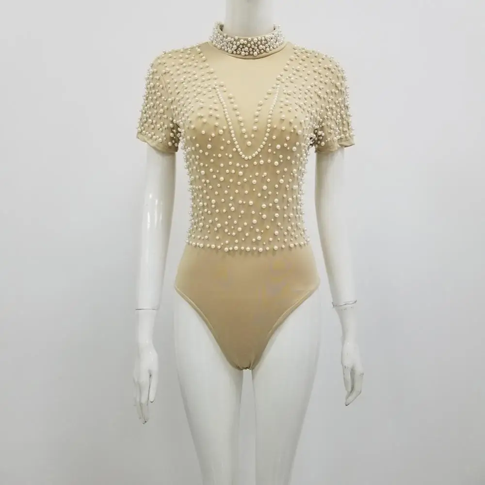 Nude Color Women's Short Sleeve Sexy Bodycon Bodysuits Pearl Beading Sexy Nightclub Performance Bodysuits
Nude Color Women's Short Sleeve Sexy Bodycon Bodysuits Pearl Beading Sexy Nightclub Performance Bodysuits