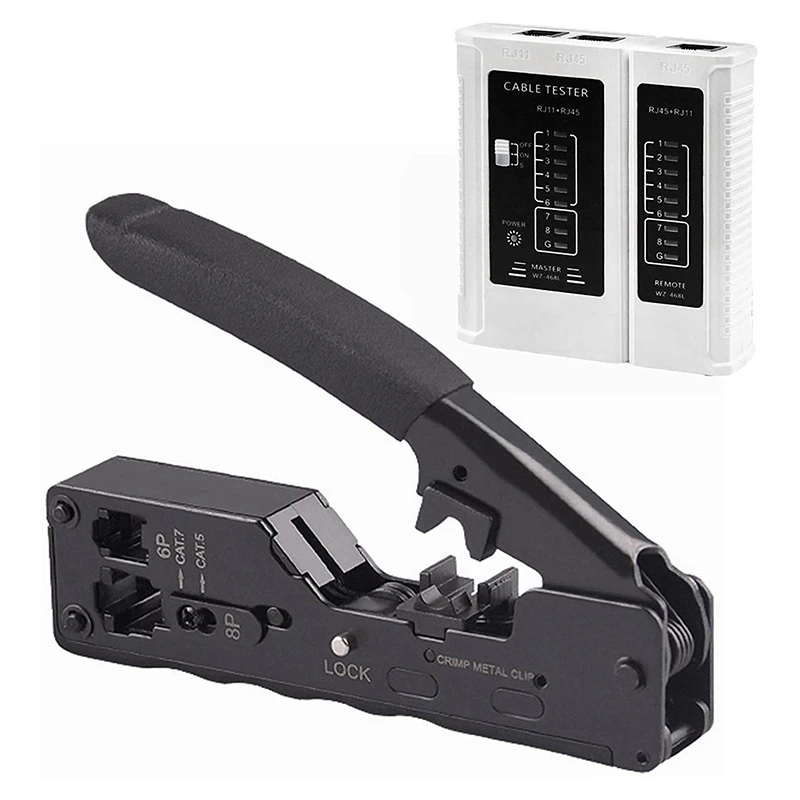 CAT5 CAT6A CAT7 Modular Crimper (Black) with RJ45 RJ12 RJ11 Network Cable Tester Tool Kit
CAT5 CAT6A CAT7 Modular Crimper (Black) with RJ45 RJ12 RJ11 Network Cable Tester Tool Kit