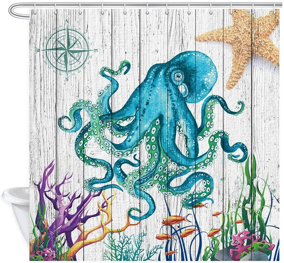 

Ocean Animal Octopus Shower Curtains, Sea Creature Octopus with Underwater Fish Starfish on Grunge Rustic Wooden Bath Curtain