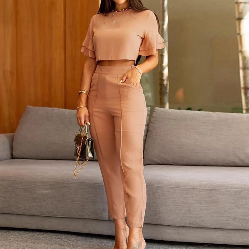 Two Piece Set Women Elegant Petal Sleeve Slim O Neck Short Sleeve Cropped Tops And High Waist Pant Suit Solid Office Lady Outfit
Two Piece Set Women Elegant Petal Sleeve Slim O Neck Short Sleeve Cropped Tops And High Waist Pant Suit Solid Office Lady Outfit