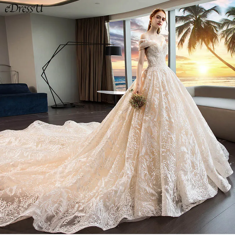 

2020 Wedding Dress Boat Neck Lace Emboridery Bridal Dress Gorgeous Monarch Train Wedding Gown Corset Robe de Mairee OY-Y690