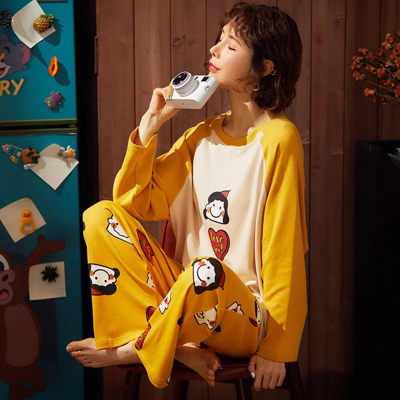 Spring And Autumn New Round Neck Pullover Long Sleeve Pajamas Cotton Women's Korean Loose Leisure Home Wear Two Piece Suit
Spring And Autumn New Round Neck Pullover Long Sleeve Pajamas Cotton Women's Korean Loose Leisure Home Wear Two Piece Suit