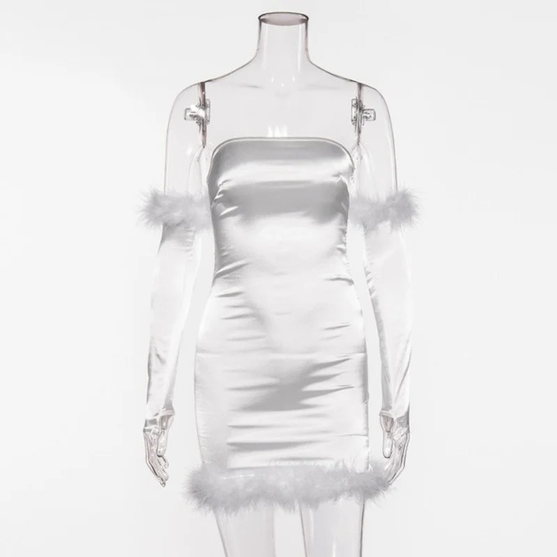 Sexy Club Party Mini Dress Elegant Women Summer Dresses 2021 New Chic White Feather Satin Strapless Bodycon Vestidos Streetwear 
Sexy Club Party Mini Dress Elegant Women Summer Dresses 2021 New Chic White Feather Satin Strapless Bodycon Vestidos Streetwear