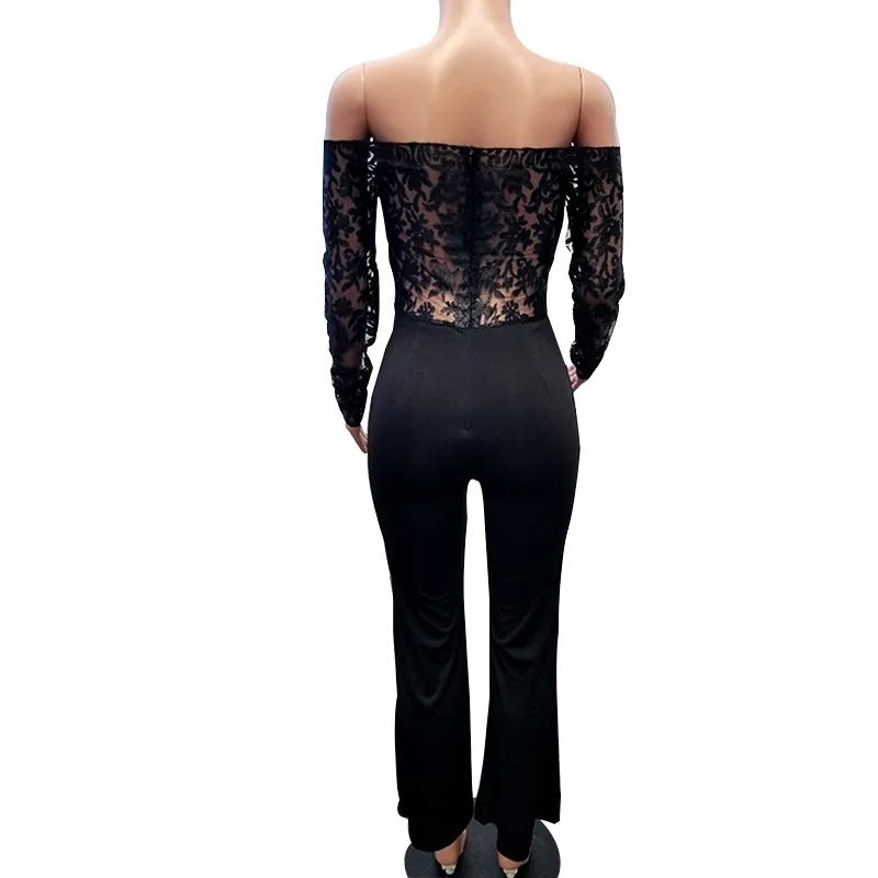 

Perspective Lace Spliced Sexy Party Jumpsuit Women Slash Neck Long Sleeve Empire Romper Autumn Wide Leg Overall With SashXYZ2067