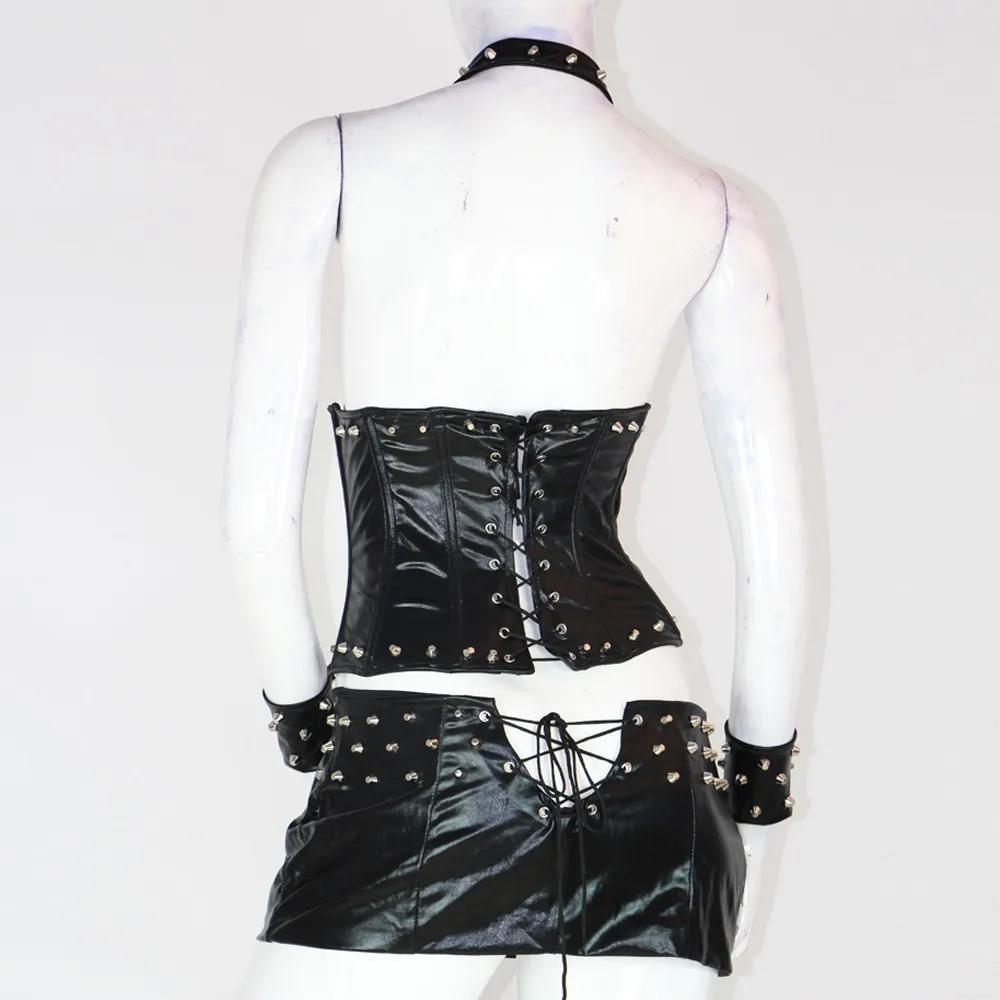 M-XL Steampunk Clothing Gothic Women 2 pcs Corset Dress Sexy Black Wetlook Faux Leather Underbust Corsets Top And Mini Skirt
M-XL Steampunk Clothing Gothic Women 2 pcs Corset Dress Sexy Black Wetlook Faux Leather Underbust Corsets Top And Mini Skirt