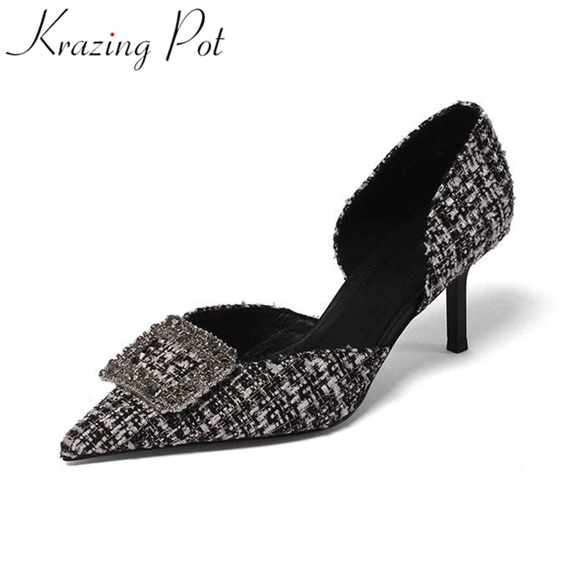Krazing Pot woolen cloth patterns shallow pointed toe summer luxury square crystal buckle wedding high heels slip on pumps L50
Krazing Pot woolen cloth patterns shallow pointed toe summer luxury square crystal buckle wedding high heels slip on pumps L50