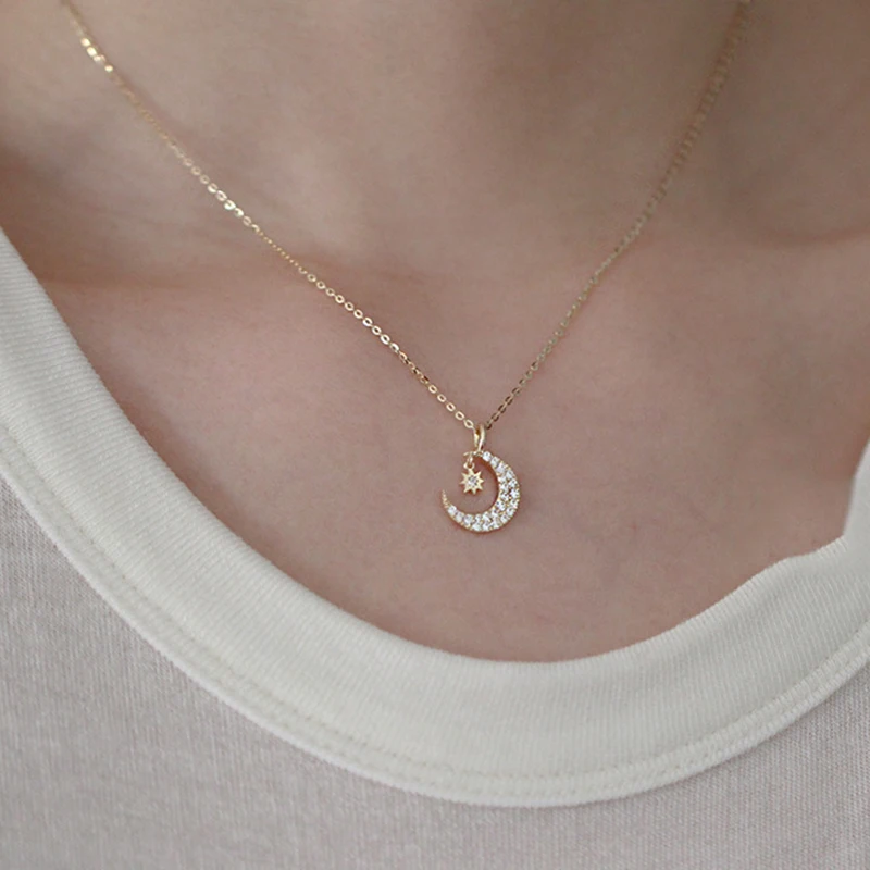 925 Sterling Silver Plated 14K Gold Inlay White Zircon Necklace for Women Star and Moon Pendant All-match Clavicle Chain
925 Sterling Silver Plated 14K Gold Inlay White Zircon Necklace for Women Star and Moon Pendant All-match Clavicle Chain