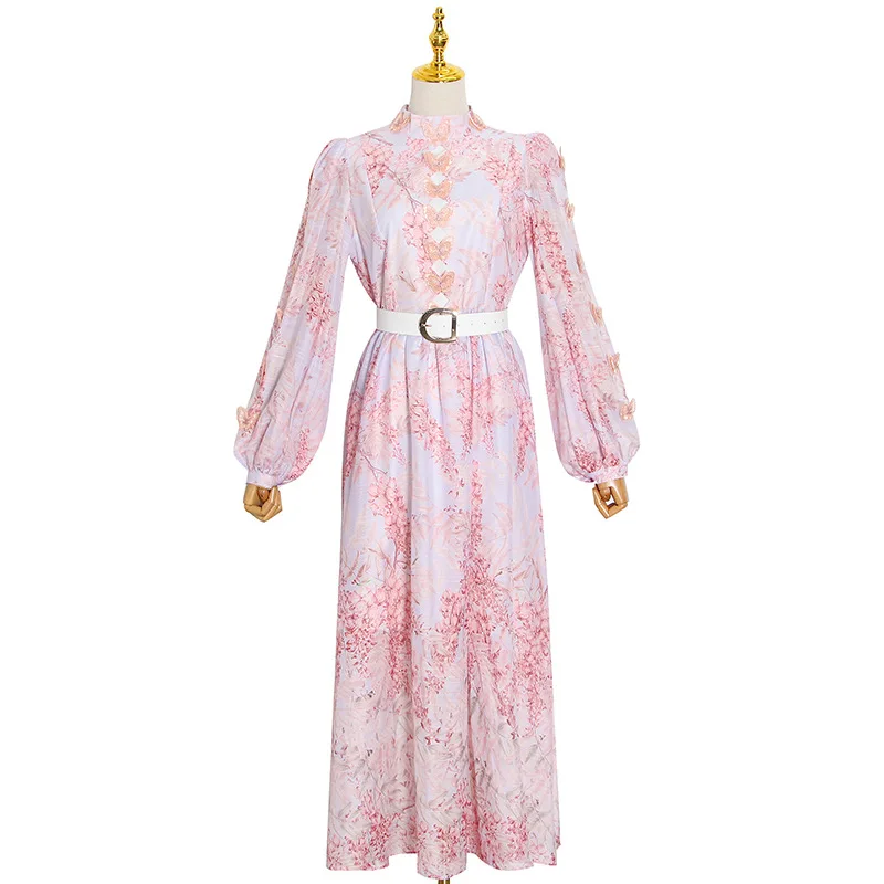 Sense of the new fashion socialite stand collar lantern sleeve printed lace-up long dress 
Sense of the new fashion socialite stand collar lantern sleeve printed lace-up long dress