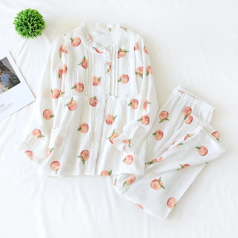 Sweet Lace Trim 2PCS Women Pajamas Suit Cute Fruit Print Sleepwear Long Sleeve Pant Cotton Home Wear Spring Autumn New Nightwear
Sweet Lace Trim 2PCS Women Pajamas Suit Cute Fruit Print Sleepwear Long Sleeve Pant Cotton Home Wear Spring Autumn New Nightwear