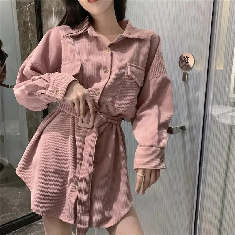 2019 Женская Вельветовая рубашка с поясом Повседневная Длинная блузка отложным