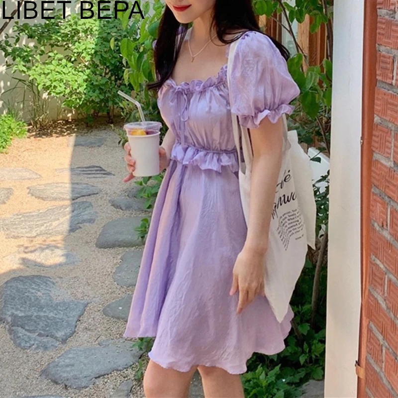 2021 New Women's Summer Dresses Puff Sleeve Holiday Casual High Waist Ruffles Fashionable Lace Up Sweet Cute Mini Dress DR2099 | Женская