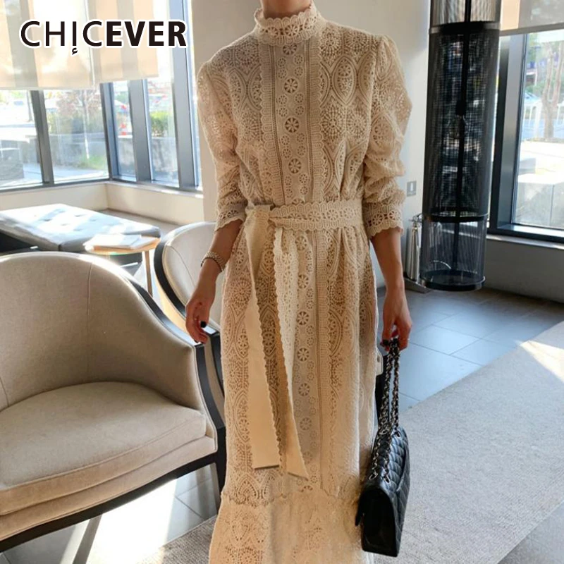 Фото CHICEVER винтажные кружевные ажурные платья для женщин стоячий воротник длинный