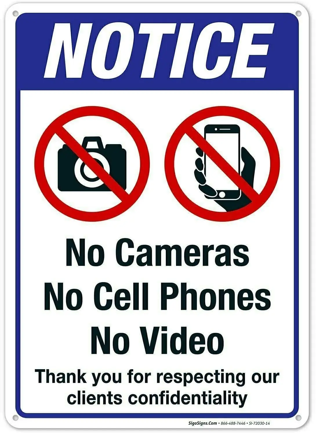 Metal Warning Sign Notice No Cameras No Cell Phones No Video Goodwill Reminder Decorative Metal Plate 8x12 or 12x16 Inches
Metal Warning Sign Notice No Cameras No Cell Phones No Video Goodwill Reminder Decorative Metal Plate 8x12 or 12x16 Inches
