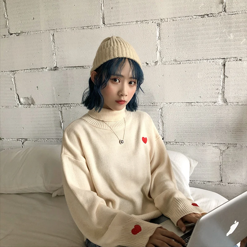 2019 Fashion Autumn Winter Embroidery Sweater Women Harajuku Korean Sweet Long Sleeve Turtleneck Top Pullover Female | Женская одежда