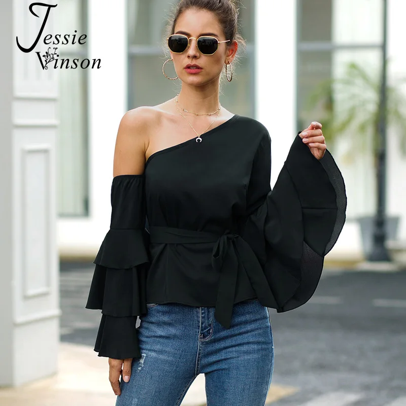 Женская шифоновая блузка Jessie Vinson, черная рубашка с расклешенным рукавом, открытыми плечами и длинным рукавом, топ в стиле шик 
Женская шифоновая блузка Jessie Vinson, черная рубашка с расклешенным рукавом, открытыми плечами и длинным рукавом, топ в стиле шик