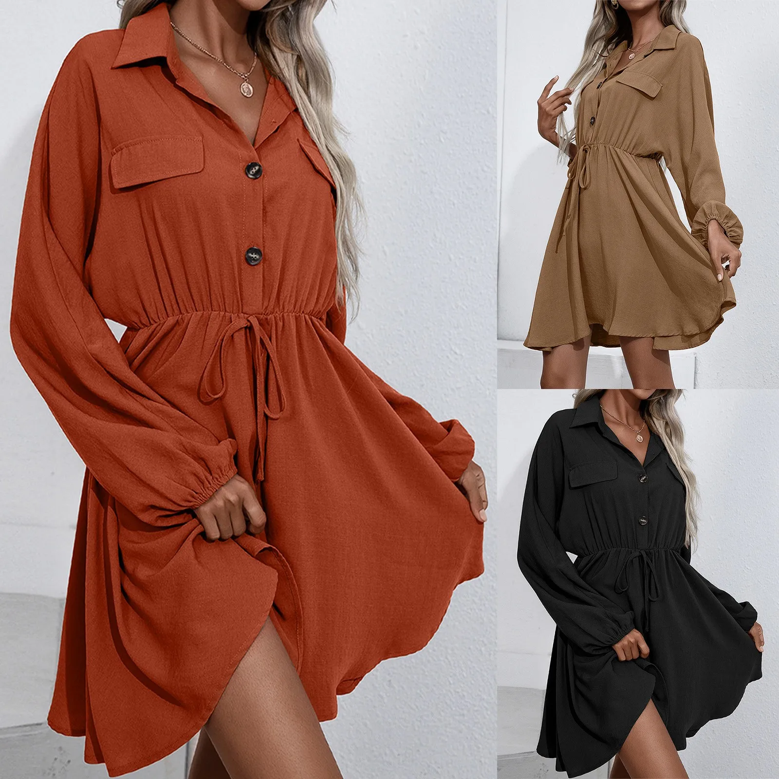 Women's Casual Mini Dress Long Sleeve V Neck Single Breasted Fashion Dress New Lace-up Waist Slimming Long-sleeved Dress 2021
Women's Casual Mini Dress Long Sleeve V Neck Single Breasted Fashion Dress New Lace-up Waist Slimming Long-sleeved Dress 2021