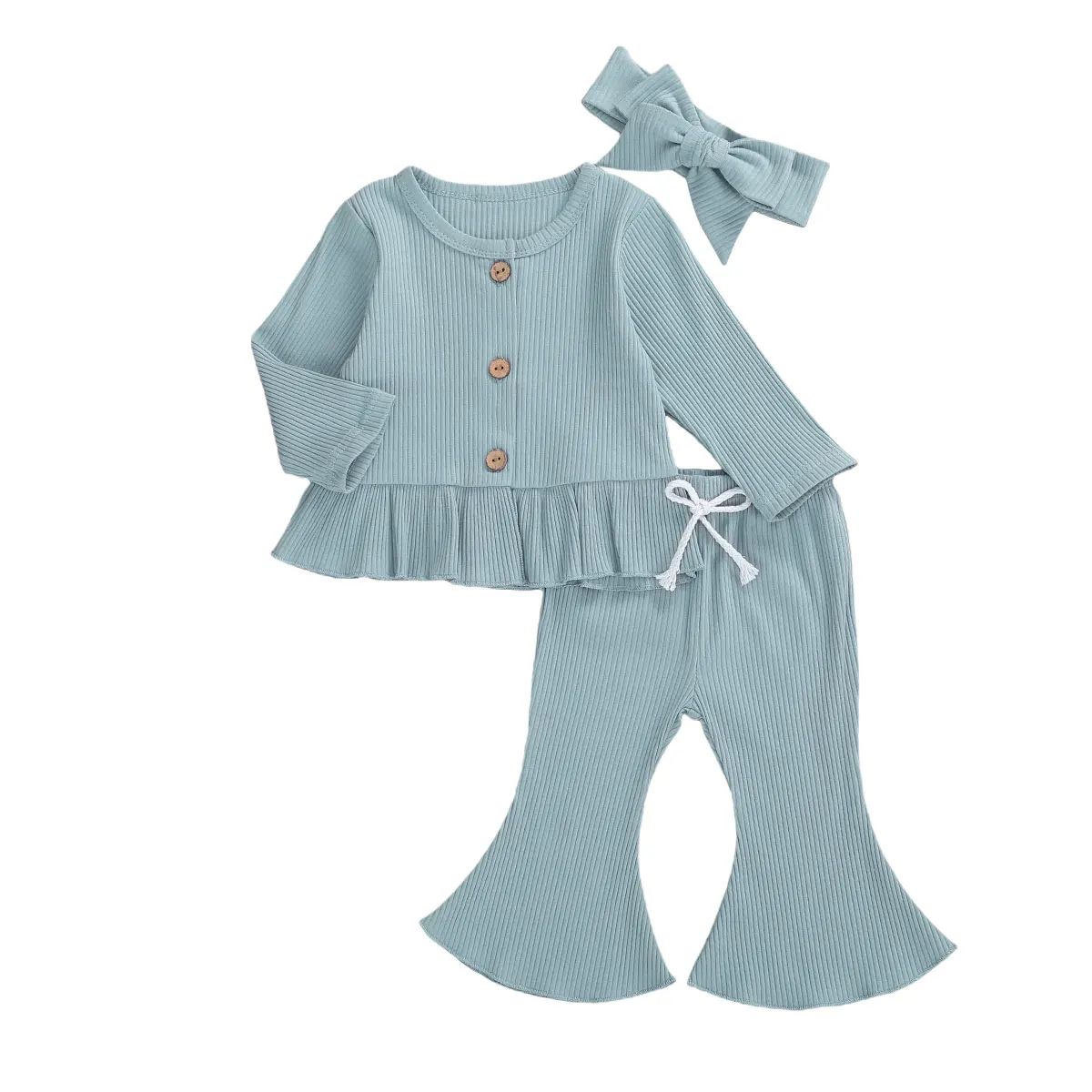 Baby Toddler Girls 3 Pcs Knit Outfits Long Sleeve Buttons Round Neck Ruffle Top + Long Flared Pant + Headband
Baby Toddler Girls 3 Pcs Knit Outfits Long Sleeve Buttons Round Neck Ruffle Top + Long Flared Pant + Headband