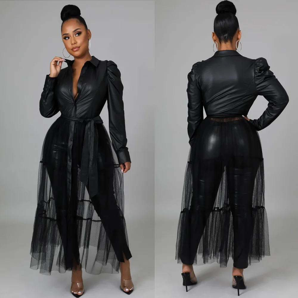 Women Faux Leather Mesh Patchwork Single Breasted High Waist Maxi Dress Streetwear Puff Sleeve Shirt Long Dress
Women Faux Leather Mesh Patchwork Single Breasted High Waist Maxi Dress Streetwear Puff Sleeve Shirt Long Dress