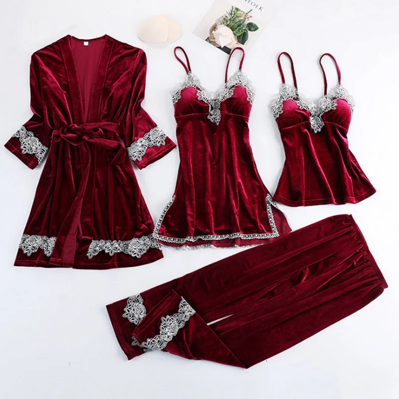 WENYUJH Sexy Lace Nightwear Pajama Suit Intimate Lingerie Women Velour Sleep Set 4PCS Kimono Robe Velvet Soft Homewear Sleepwear
WENYUJH Sexy Lace Nightwear Pajama Suit Intimate Lingerie Women Velour Sleep Set 4PCS Kimono Robe Velvet Soft Homewear Sleepwear