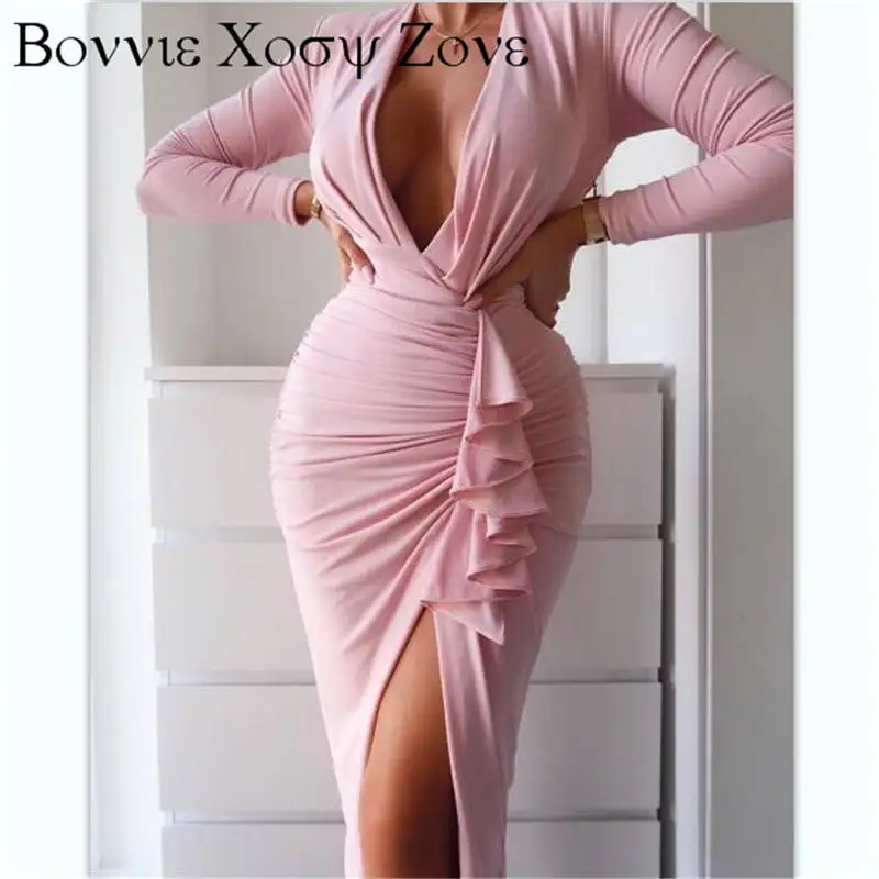 

Plunging Neck Ruffle Hem Ruched Split Thigh Dress Chic Long Sleeve Mid-Calf Dresses For Women