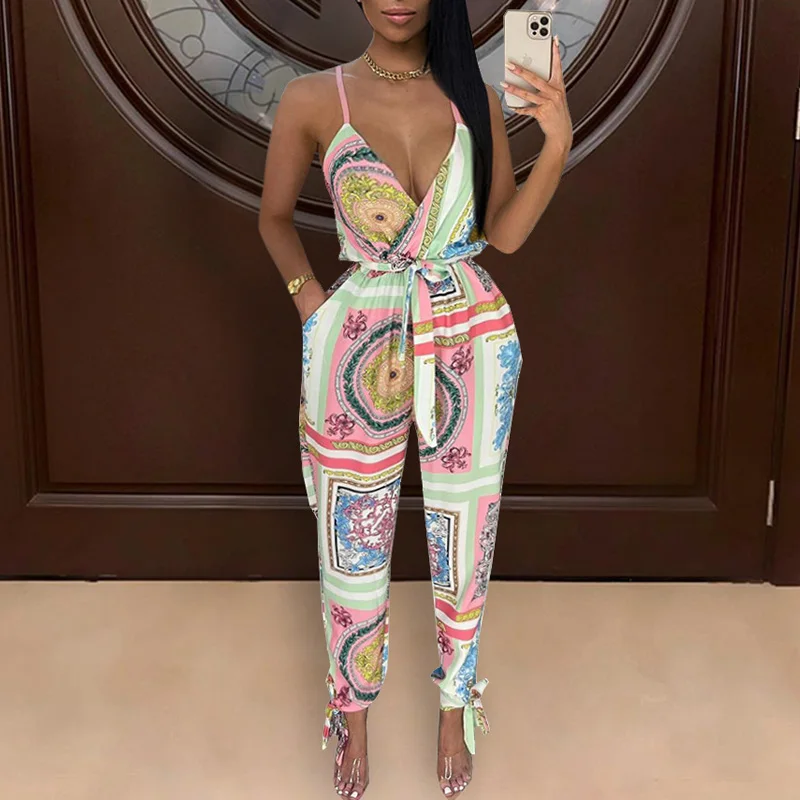 New Trendy Women Summer Spaghetti Strap Belt Plunge V-neck Printed Jumpsuits Streetwear
New Trendy Women Summer Spaghetti Strap Belt Plunge V-neck Printed Jumpsuits Streetwear