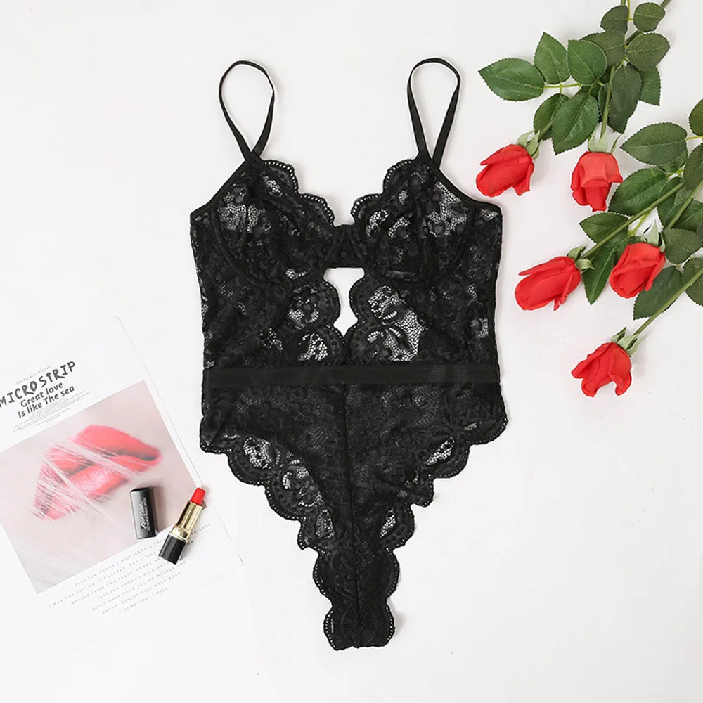 

Sexy Teddy Deep V Hollow Gather Corset Mesh Lingerie Erotic Perspective Lace Underwear Suit Women Gauze Bodysuit With Underwire