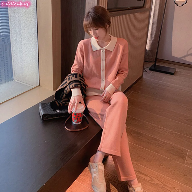 Sweet Knitted Suits Long Sleeve Lapel Single Breasted Tops Elastic Waist Wide-Leg Pants Casual 2 Piece Sets 2021 Womens Outfits 
Sweet Knitted Suits Long Sleeve Lapel Single Breasted Tops Elastic Waist Wide-Leg Pants Casual 2 Piece Sets 2021 Womens Outfits