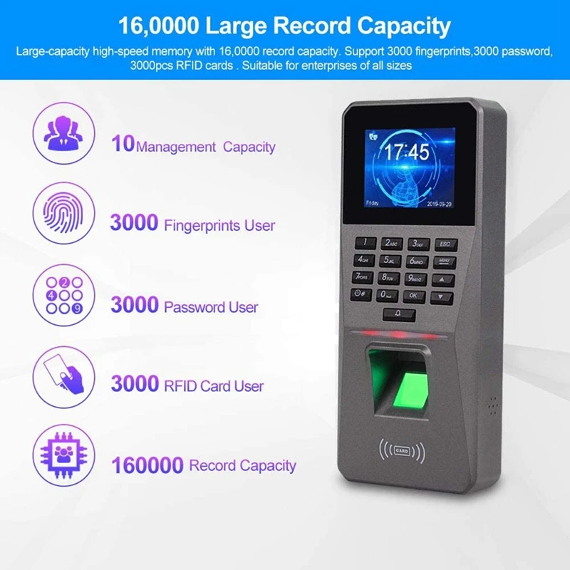 2.4Inch TCP/IP/USB Biometric RFID Keypad Fingerprint Access Control System Electronic Time Clock Attendance Machine
2.4Inch TCP/IP/USB Biometric RFID Keypad Fingerprint Access Control System Electronic Time Clock Attendance Machine