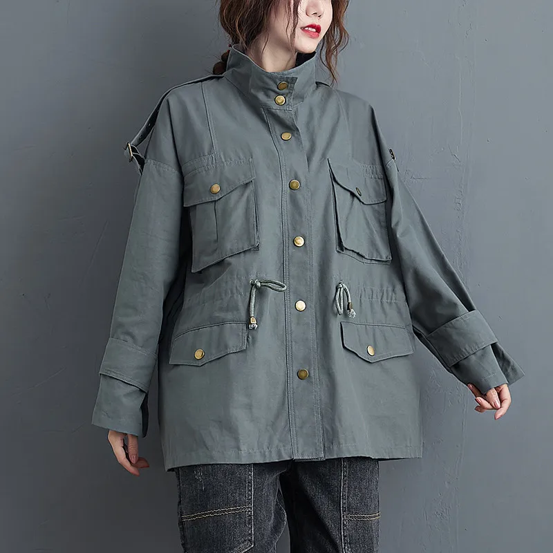 Women Coat Spring Autumn Solid Color Loose Stand-up Collar Long-Sleeved Jackets Single-breasted Casual Casaco Feminino Tooling
Women Coat Spring Autumn Solid Color Loose Stand-up Collar Long-Sleeved Jackets Single-breasted Casual Casaco Feminino Tooling