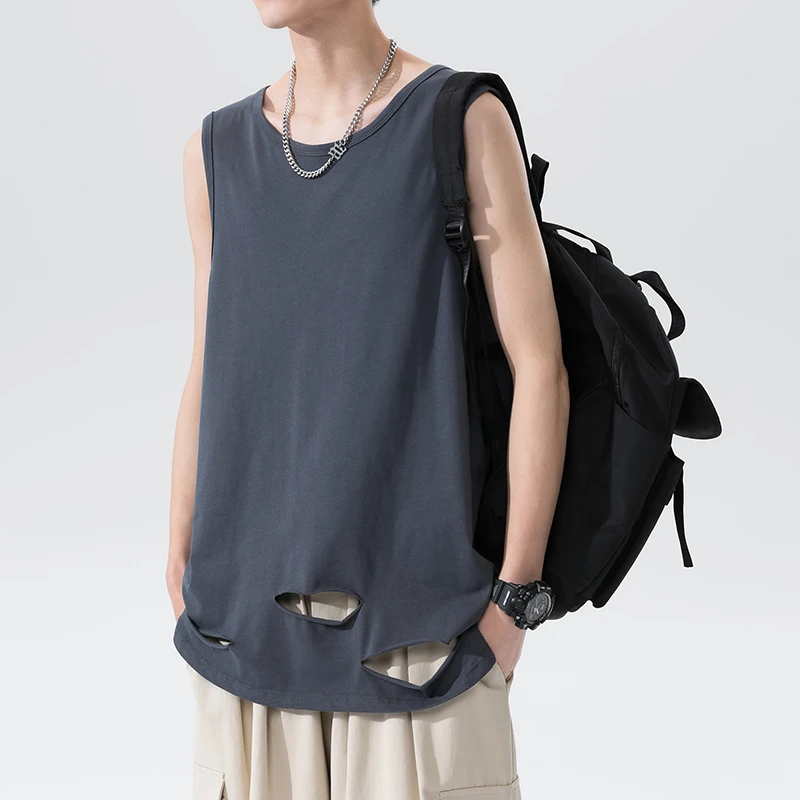 2021 summer new pure cotton sleeveless vest men's T shirt popular logo hole T shirt loose round neck and shoulder INS
2021 summer new pure cotton sleeveless vest men's T shirt popular logo hole T shirt loose round neck and shoulder INS