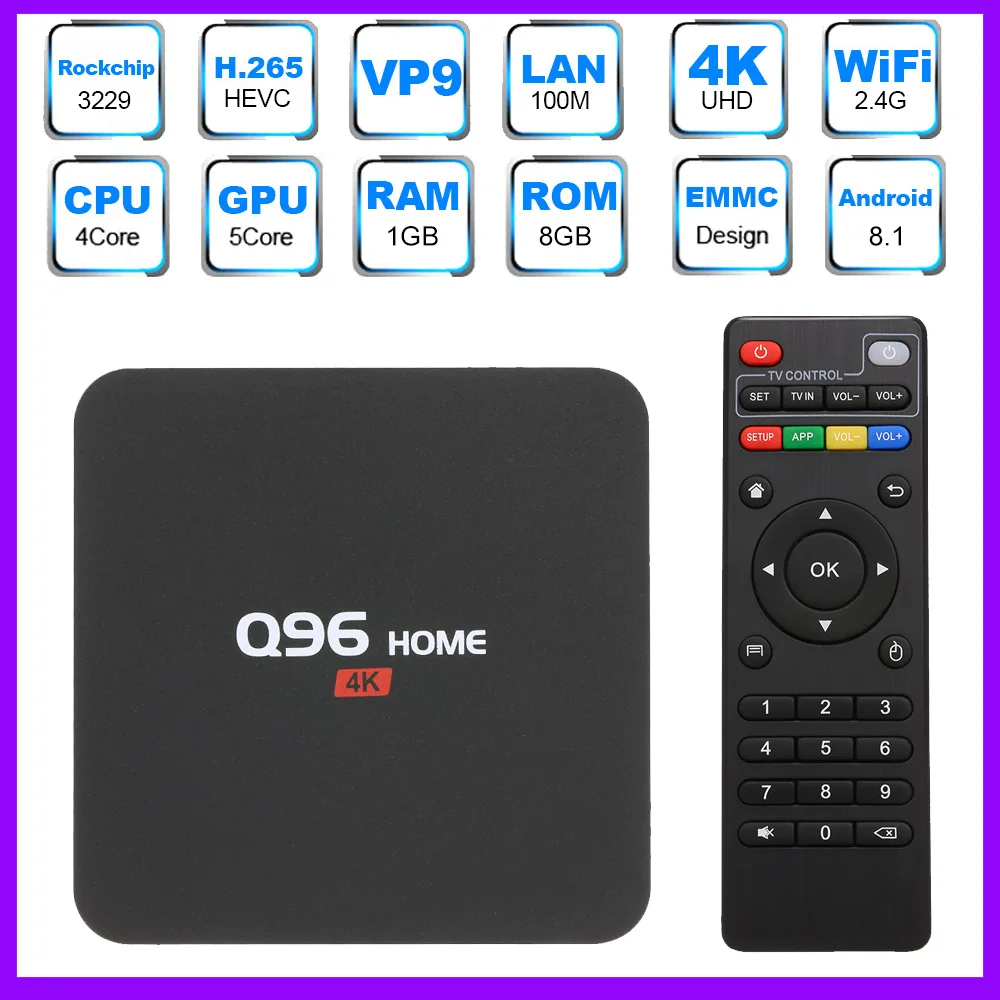 Android 8.1 Quad Core UHD Smart TV Box Expanded Storage 32GB Q96 HOME Set Top Box 2.4G WiFi H.265 VP9 HDR10 4K Media Player
Android 8.1 Quad Core UHD Smart TV Box Expanded Storage 32GB Q96 HOME Set Top Box 2.4G WiFi H.265 VP9 HDR10 4K Media Player