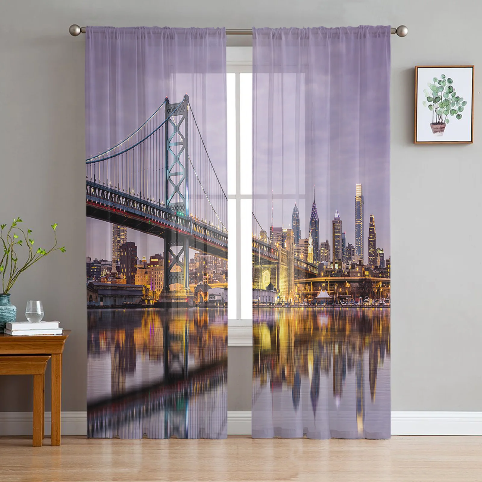 

United States Urban Bridge Scenery Tulle Sheer Window Curtains for Living Room Kitchen Children Bedroom Voile Hanging Curtain