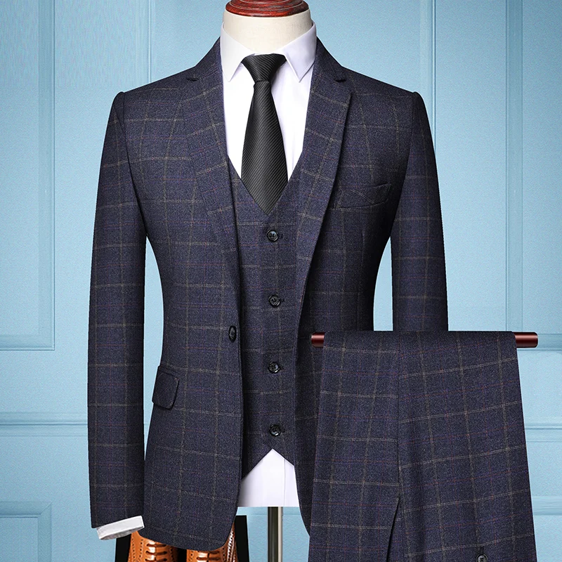 

2021 Three-piece Male Formal Business Plaids Suit for Men's Fashion Boutique Plaid Wedding Dress Suit ( Jacket + Vest + Pants )
