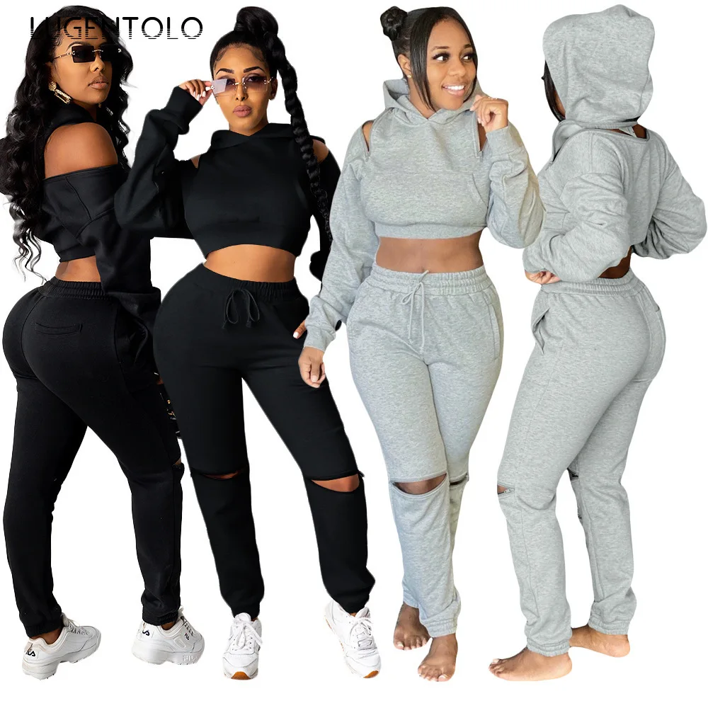 Lugentolo Women 2 Peice Set Casual Sports Aautumn Hooded Short Tops Hole Long Pants Female Two-piece Set
Lugentolo Women 2 Peice Set Casual Sports Aautumn Hooded Short Tops Hole Long Pants Female Two-piece Set