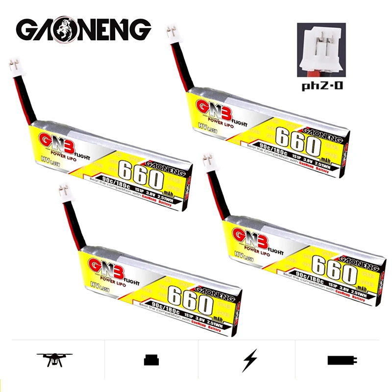 4 шт./компл. GAONENG GNB для Emax Tinyhawk King Kong Ldarc TINY7 Drone HV Lipo Battery 90C/180C 3,8 V 1S 4,35 V 660mAh с разъемом PH2.0
4 шт./компл. GAONENG GNB для Emax Tinyhawk King Kong Ldarc TINY7 Drone HV Lipo Battery 90C/180C 3,8 V 1S 4,35 V 660mAh с разъемом PH2.0