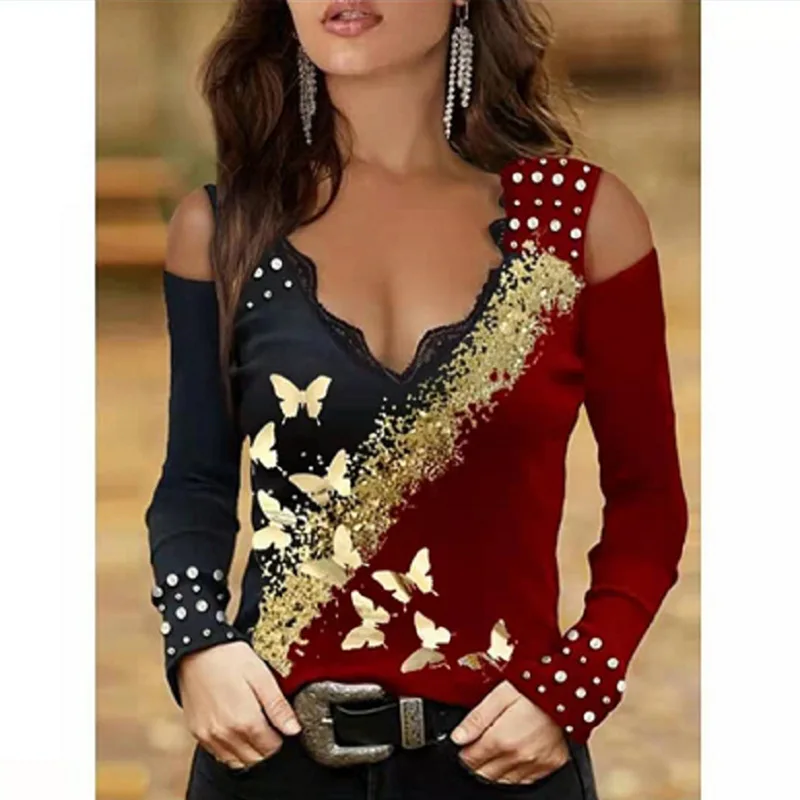 Lady Blouse Bronzing Butterfly Print Shirt V-Neck Lace Top Long Sleeve Off Shoulder Casual Pullover Autumn Women Fashion Clothes
Lady Blouse Bronzing Butterfly Print Shirt V-Neck Lace Top Long Sleeve Off Shoulder Casual Pullover Autumn Women Fashion Clothes