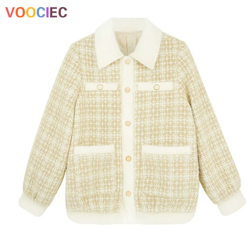 VOOCIEC Autumn winter coat women Lambswool Tweed Short Jacket Splicing New Lapel Long Sleeve Women Coat Fashion Tide Loose Fit
VOOCIEC Autumn winter coat women Lambswool Tweed Short Jacket Splicing New Lapel Long Sleeve Women Coat Fashion Tide Loose Fit