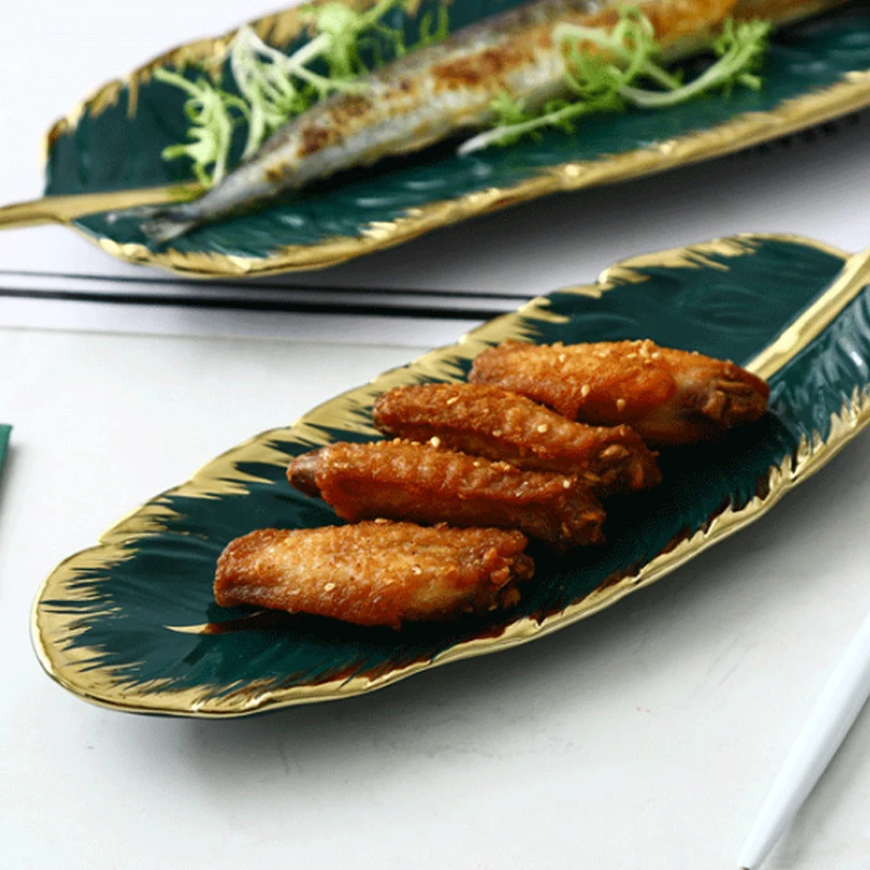 Gold-Plated Ceramic Tray Dark Green Feather Banana Leaf Shape Plate Snack Storage Tray HEE889
Gold-Plated Ceramic Tray Dark Green Feather Banana Leaf Shape Plate Snack Storage Tray HEE889