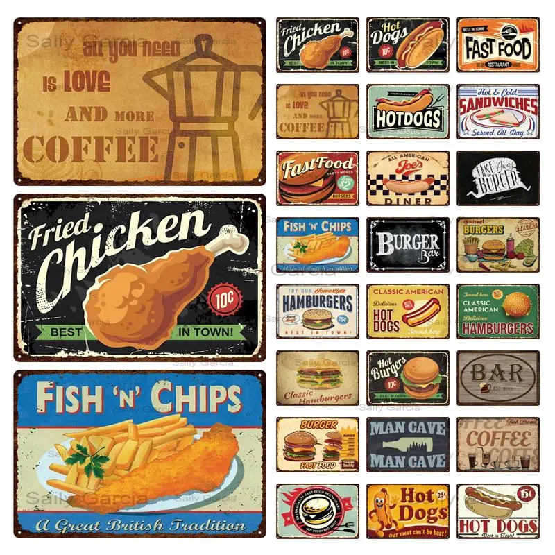 Retro Nostalgia Fast Food Coffee Metal Sign Tin Sign Burger Hot Dog Fried Chicken Metal Plates Wall Stickers for Cafe Restaurant
Retro Nostalgia Fast Food Coffee Metal Sign Tin Sign Burger Hot Dog Fried Chicken Metal Plates Wall Stickers for Cafe Restaurant