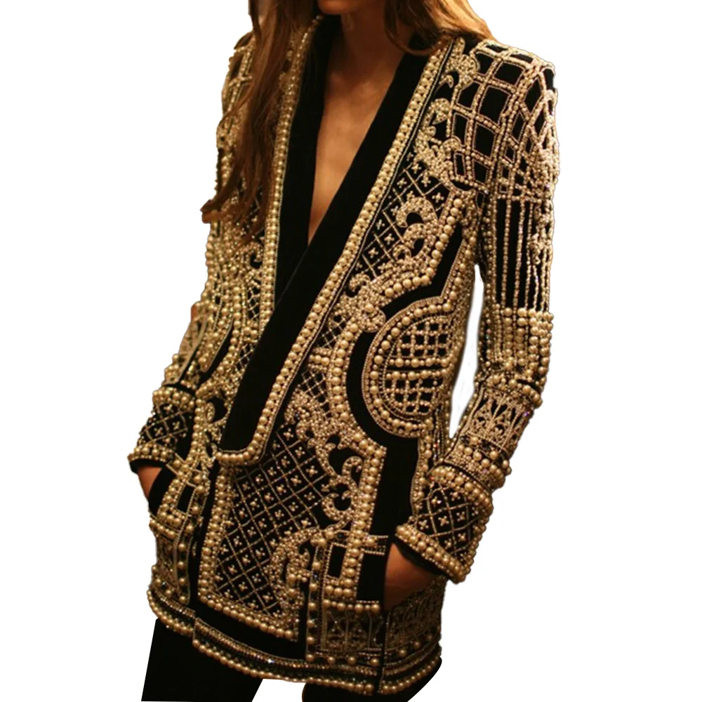 Women Beading Blazer Jacket Outwear Sexy V-Neck Vintage Black Autumn Jackets Coats Overcoat Female Retro Fashion 2020 Winter 
Women Beading Blazer Jacket Outwear Sexy V-Neck Vintage Black Autumn Jackets Coats Overcoat Female Retro Fashion 2020 Winter