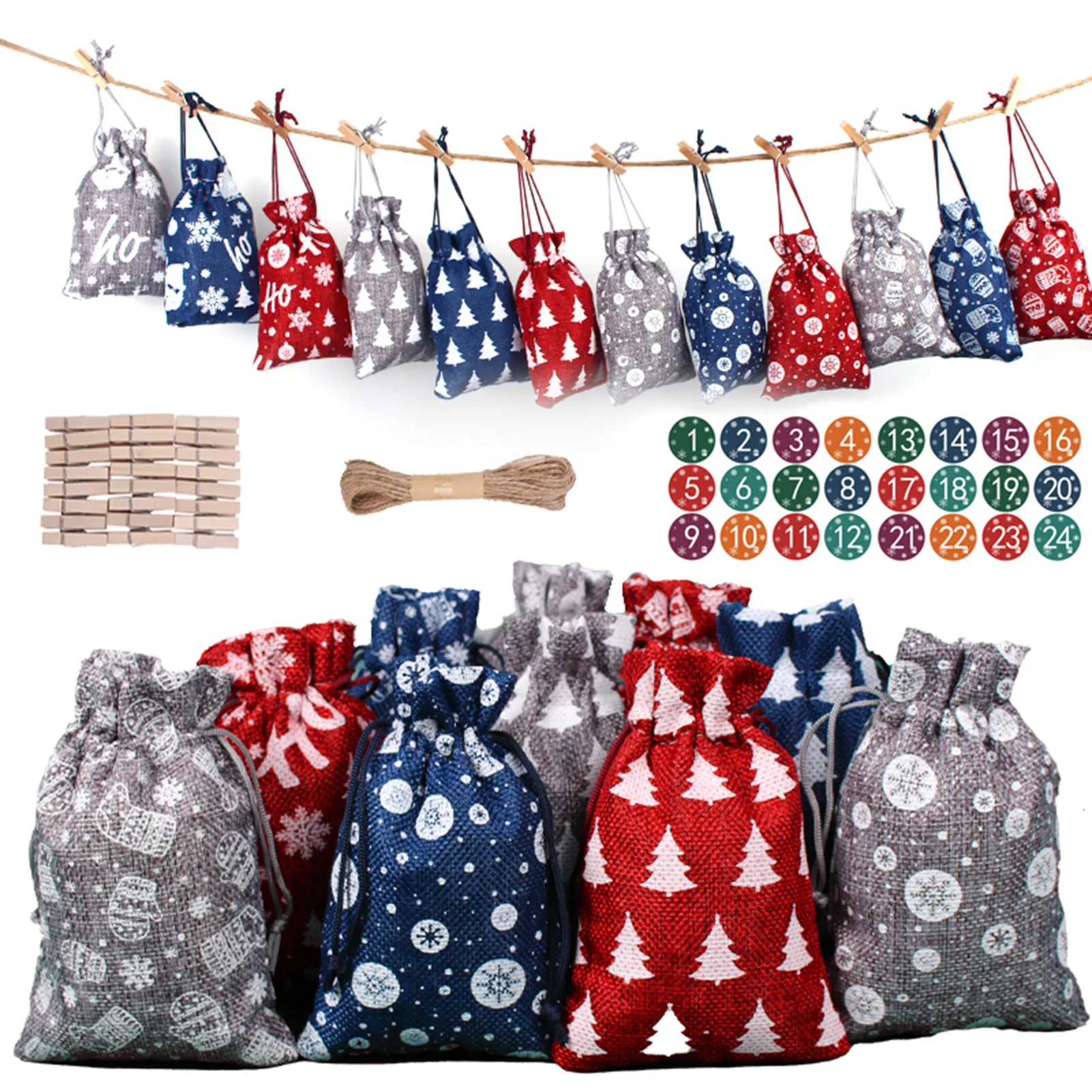 24PCS Christmas Advent Calendar Drawstring Bag With Rope Clips Stickers Xmas Countdown Sack Hanging Ornamnet Candy Gift Pouch
24PCS Christmas Advent Calendar Drawstring Bag With Rope Clips Stickers Xmas Countdown Sack Hanging Ornamnet Candy Gift Pouch