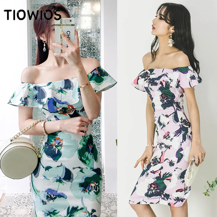 TIOWIOS Summer Dress New Korean Style Temperament Celebrity One-line Collar Ruffle Slim Print Hip Wrap Dress 
TIOWIOS Summer Dress New Korean Style Temperament Celebrity One-line Collar Ruffle Slim Print Hip Wrap Dress