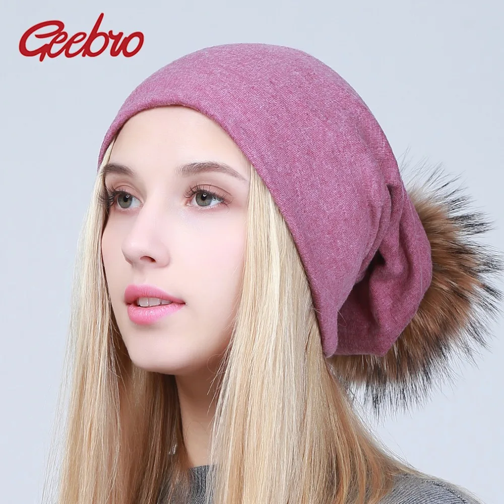 

Geebro Women Spring New Cotton Soft Beanies With Fur Raccoon Pompom Hats Solid Color Casual Elastic Girls Skullies Caps Bonnet
