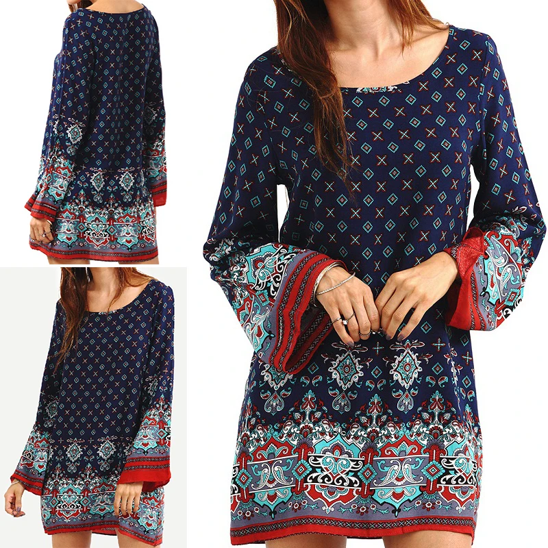 Womens Chiffon Mini Dress Long Sleeve Flare Sleeve O-neck Vestidos Geometric Print Slim Loose Casual Dresses Black Navy
Womens Chiffon Mini Dress Long Sleeve Flare Sleeve O-neck Vestidos Geometric Print Slim Loose Casual Dresses Black Navy