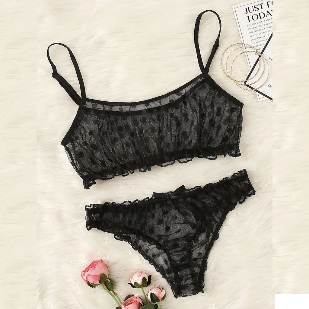New Women Sexy Dot Mesh Bra Bowknot Underpants Sleepwear Black Lingerie Set translucent Female sexy costum
New Women Sexy Dot Mesh Bra Bowknot Underpants Sleepwear Black Lingerie Set translucent Female sexy costum