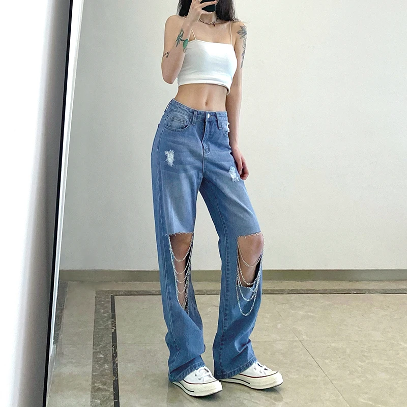 Rockmore Ripped Chain Straight Jeans Women'S Pants Vintage High Waist Wide Leg Trousers Y2K Mom Jeans For Girls Baggy Streetwear
Rockmore Ripped Chain Straight Jeans Women'S Pants Vintage High Waist Wide Leg Trousers Y2K Mom Jeans For Girls Baggy Streetwear