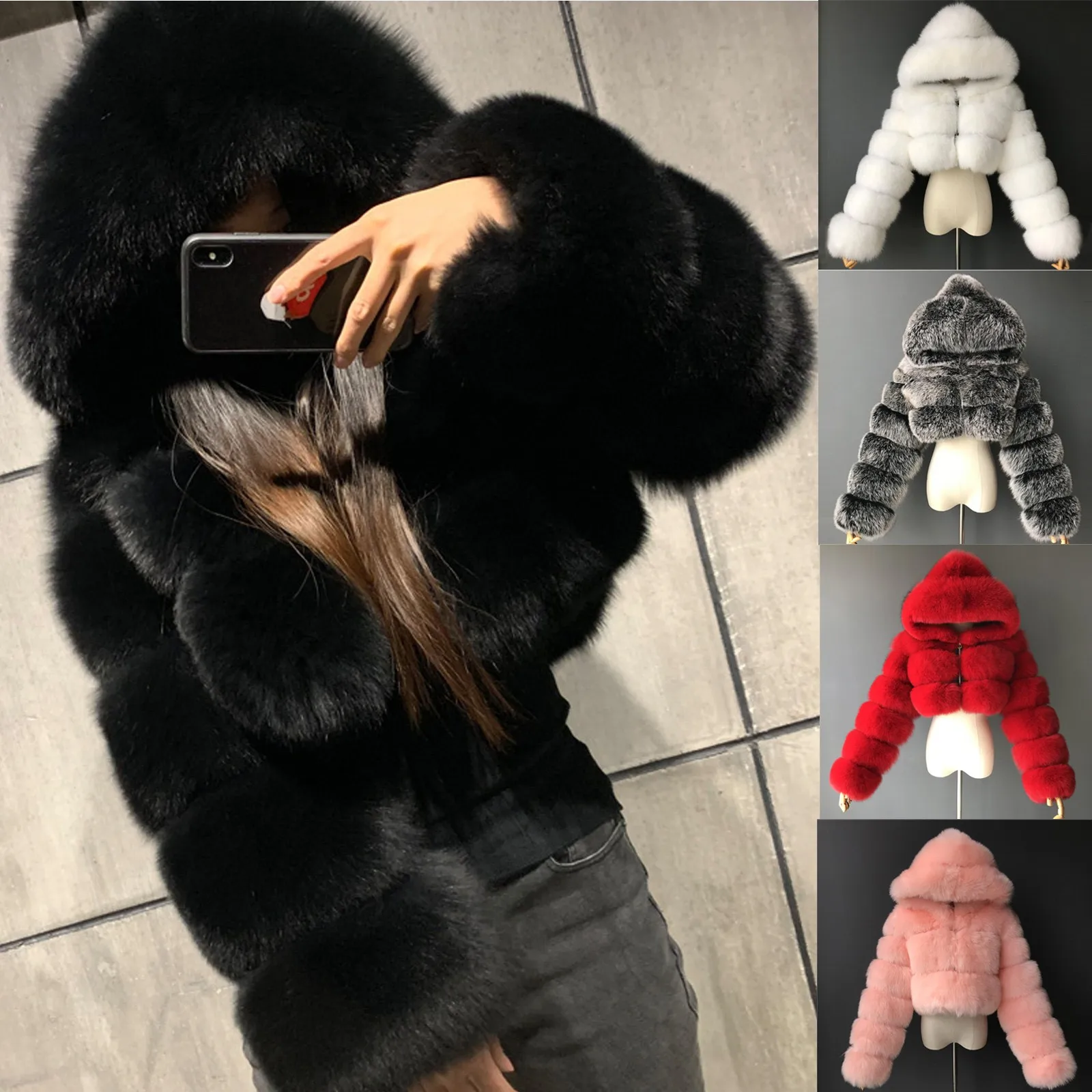 Укороченные меховые пальто и куртки из искусственного меха женское пушистое с