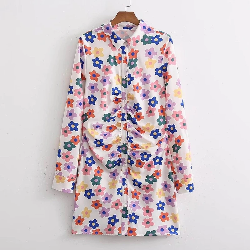 

Women Shirt Dress Spring 2022 New Fashion Long Sleeve Ruched Casual Clothing Female Print Mini Vestido