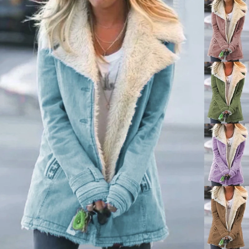 Women Long Sleeve Faux Denim Jacket Lapel Button Down Thicken Plush Lined Coat Denim jacket warm padded coat
Women Long Sleeve Faux Denim Jacket Lapel Button Down Thicken Plush Lined Coat Denim jacket warm padded coat